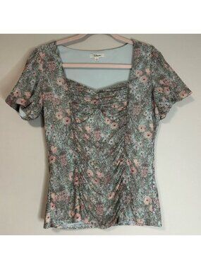 Takara Green and Pink Fitted Ruched Blouse, Size L